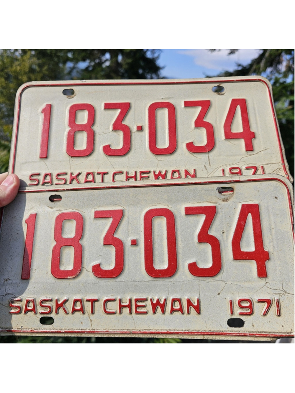 1971 Saskatchewan License Plate Pair Matching Numbers 183-034 Vintage Canada